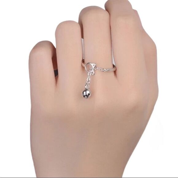 Sterling Silver Playful Cut Out Cat Chasing Chain Ball Charm Ring NEW - Picture 2 of 4